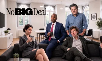 Cast of the British sitcom No Big Deal in the offices of fictional investment firm Janus